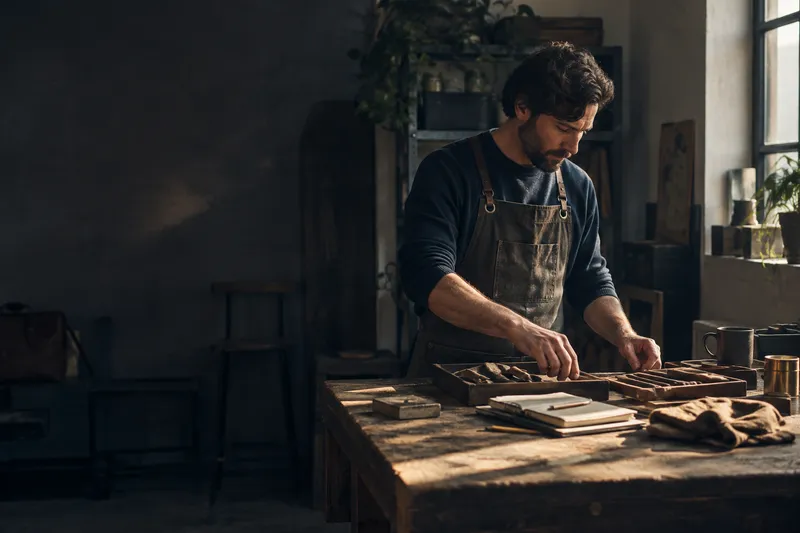 Hands organizing tools and notes on a workbench