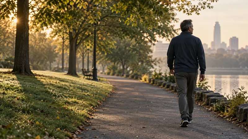 A man taking a calm morning walk on a tree-lined path