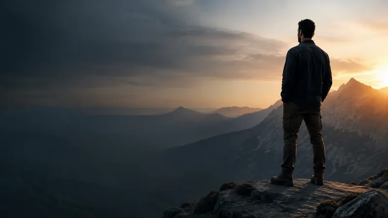 A solitary man looking over mountains at dawn