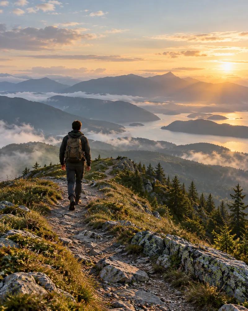 A man looking across mountains in the morning light