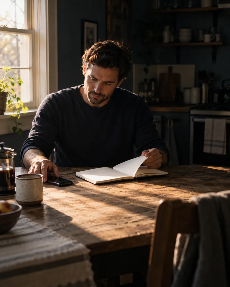 A man writing thoughtfully at a sunlit table