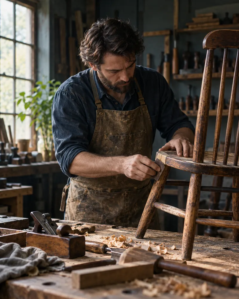 A man carefully repairing a wooden chair