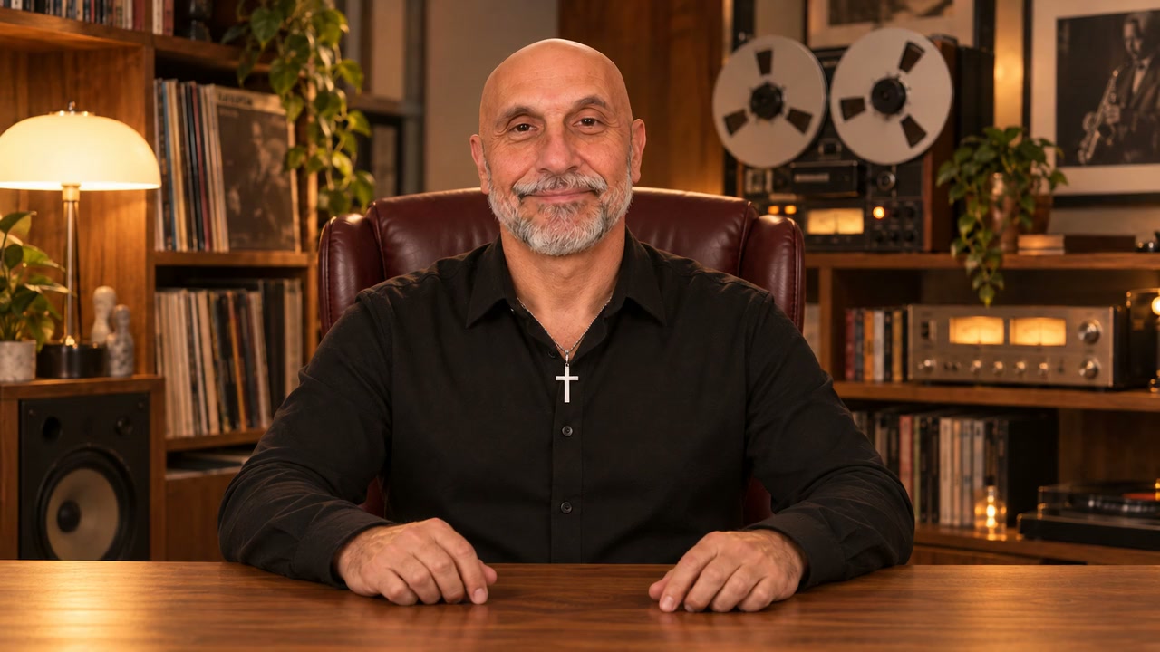 Jim seated at his desk in a warm studio, wearing a black button-down shirt and silver cross
