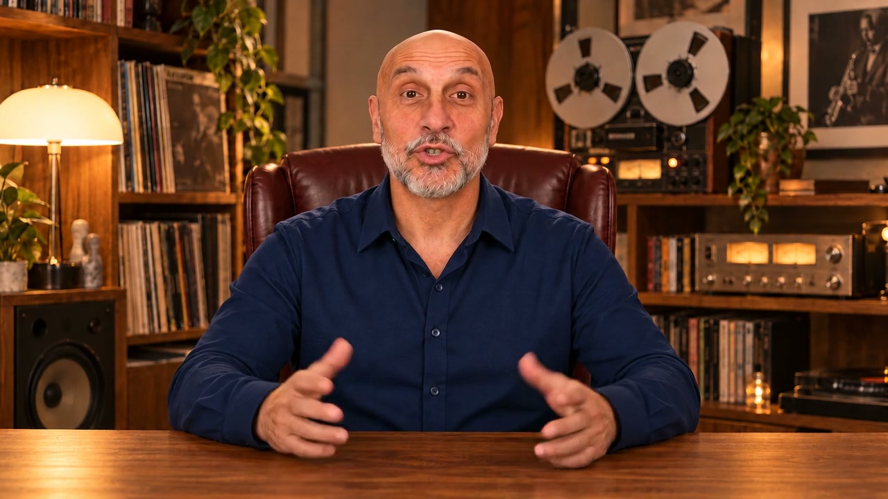 Jim in a navy shirt, seated at his desk in a warm studio